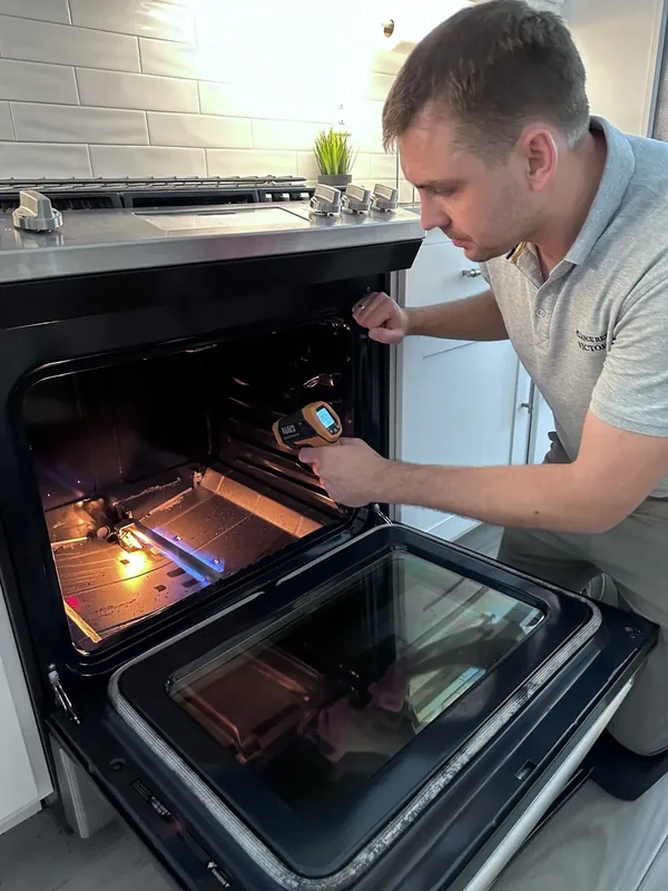 Victor testing oven temperature during a Denver appliance repair call